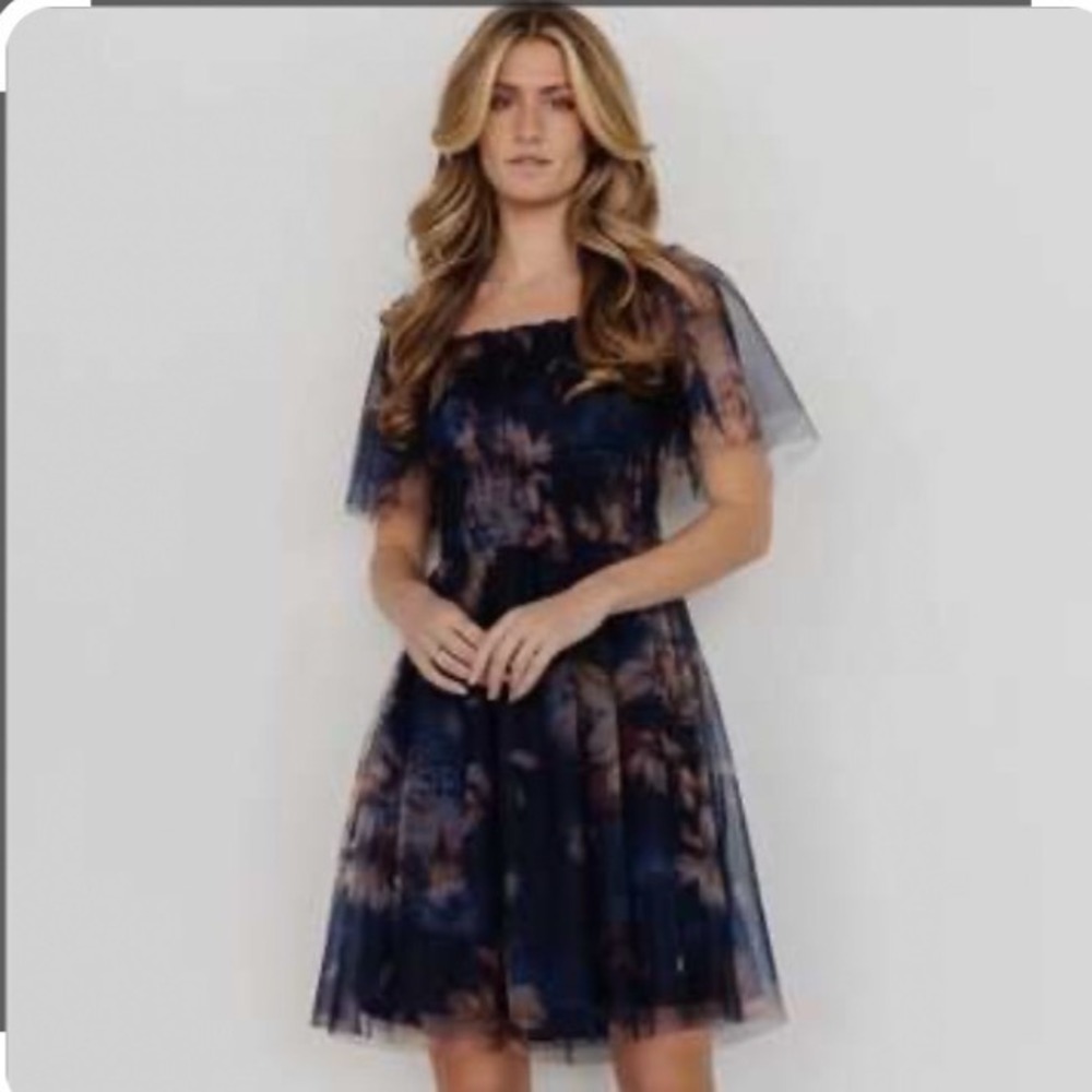 Baltic Born Tivoli Tulle Smocked Midi Dress Navy Blue Floral Flutter Sleeve XL